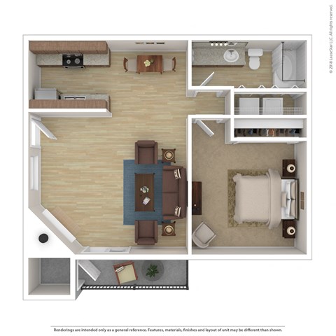 Floor plan for 1 bed, 1 bath, 640 sqft